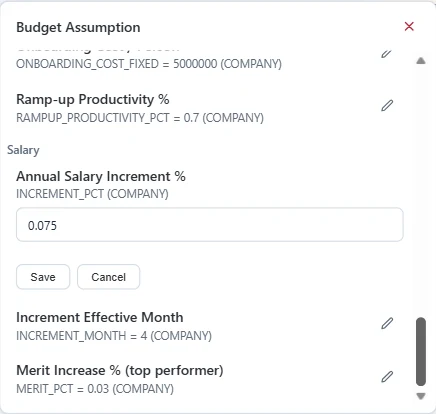 Planning Assumptions detail